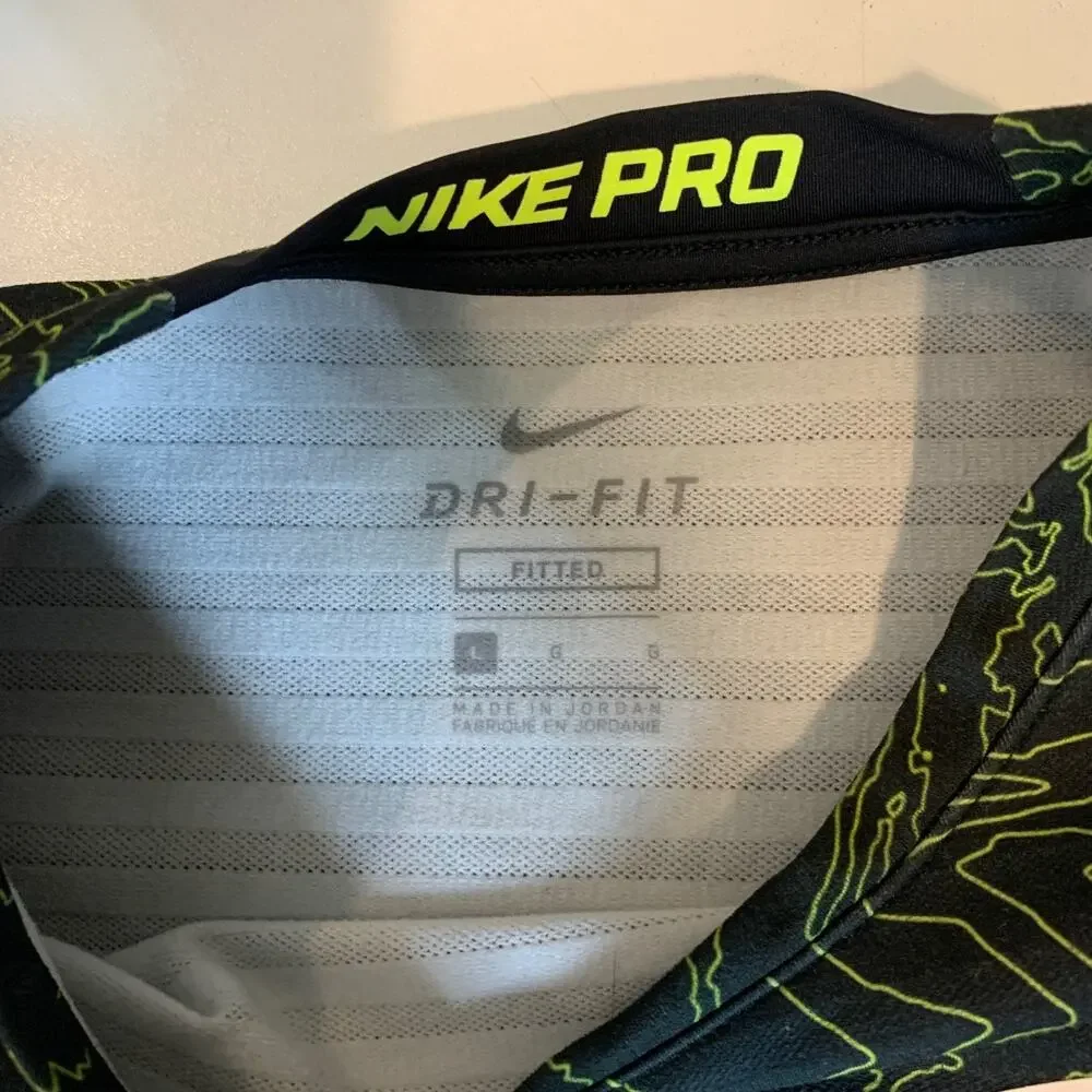Nike Pro Shirt Boys L Large Black Lime Fitted Matrix Camo Dri Fit Compression